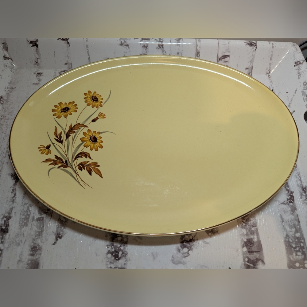 VINTAGE SERVING PLATTER TRAY RETRO YELLOW WITH FLOWERS Taylor Smith Taylor OVAL